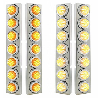 Stainless Steel Front Air Cleaner Bracket With 14 X 9 Amber LED 2" Beehive Lights & Bezels For Kenworth - Amber LEDs (Amber or Clear Lens)