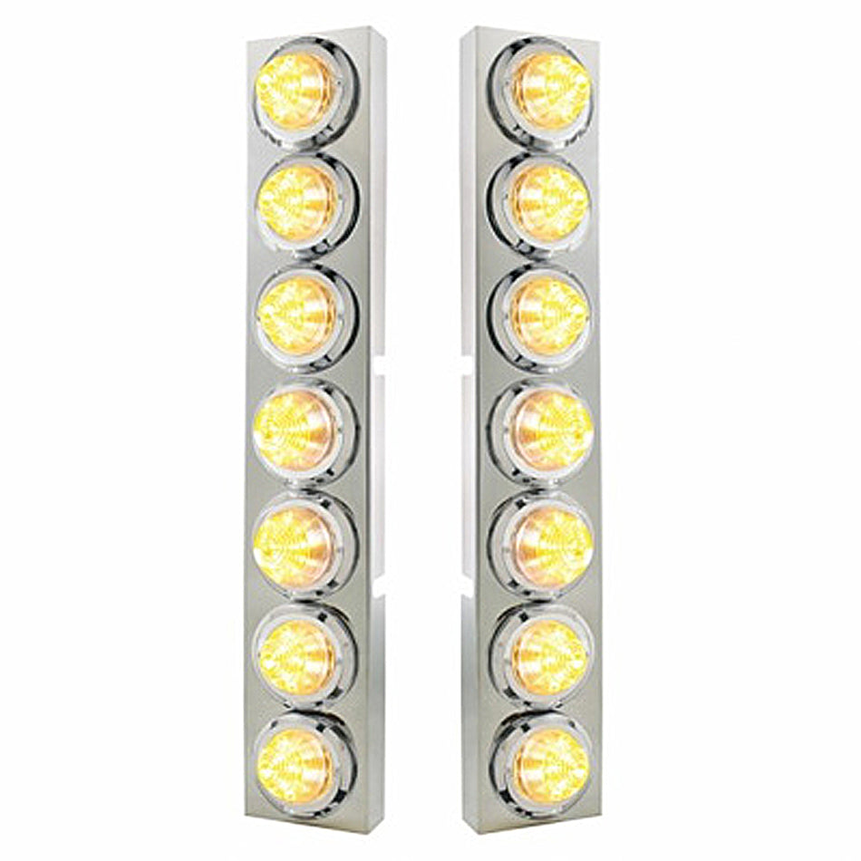 Stainless Steel Front Air Cleaner Bracket With 14 X 9 Amber LED 2" Beehive Lights & Bezels For Kenworth - Amber LEDs (Amber or Clear Lens)