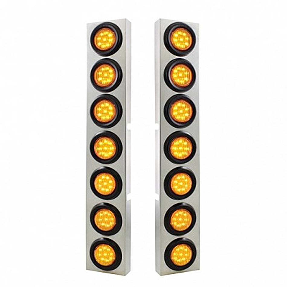 Stainless Steel Front Air Cleaner Bracket With 14 X 9 LED 2" Lights Bezel For Kenworth - Amber LEDs (Amber or Clear Lens)