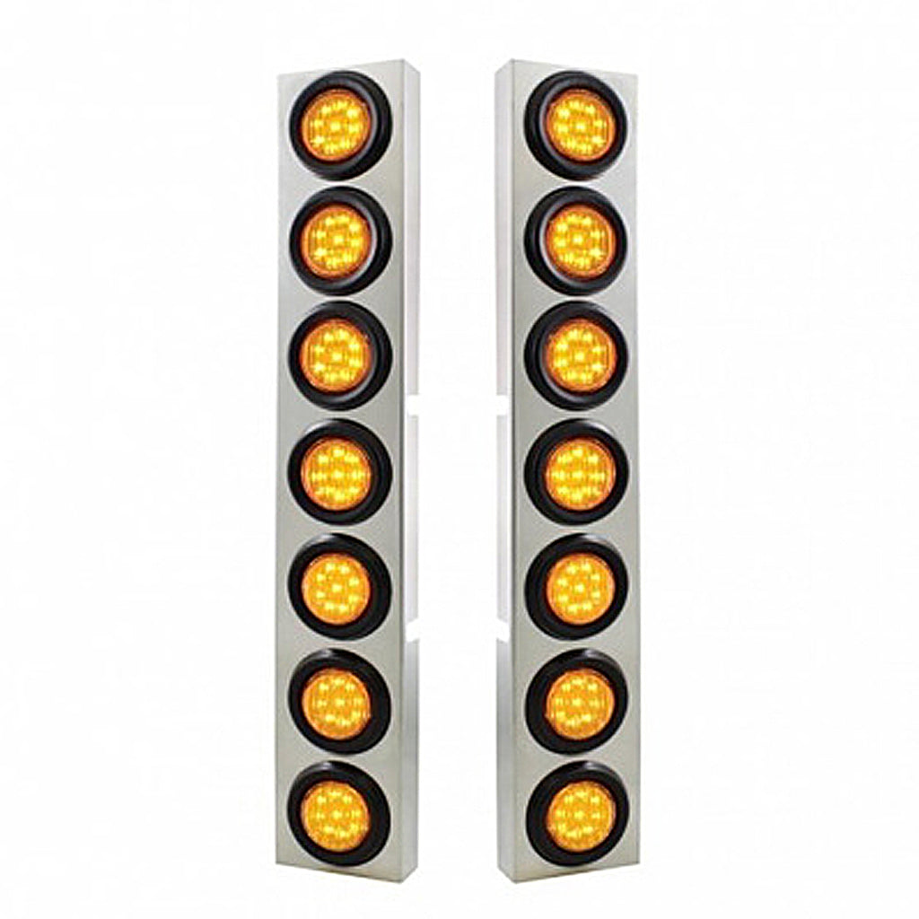 Stainless Steel Front Air Cleaner Bracket With 14 X 9 LED 2" Lights Bezel For Kenworth - Amber LEDs (Amber or Clear Lens)