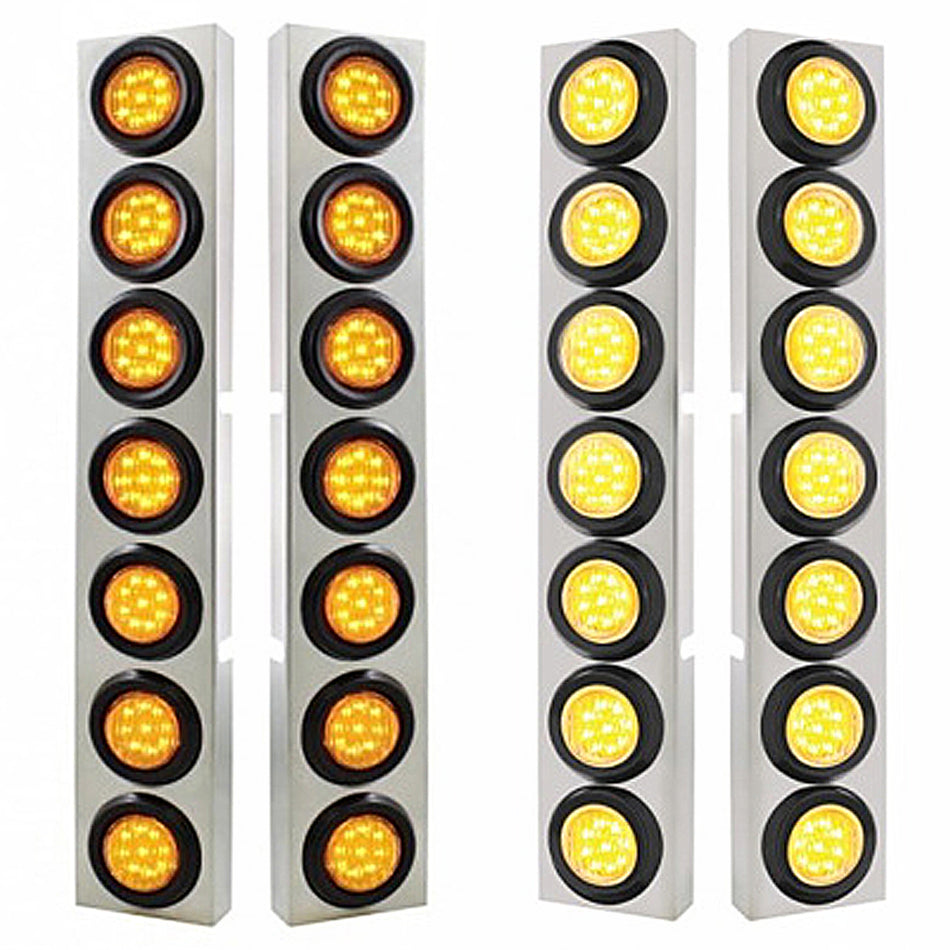 Stainless Steel Front Air Cleaner Bracket With 14 X 9 LED 2" Lights Bezel For Kenworth - Amber LEDs (Amber or Clear Lens)