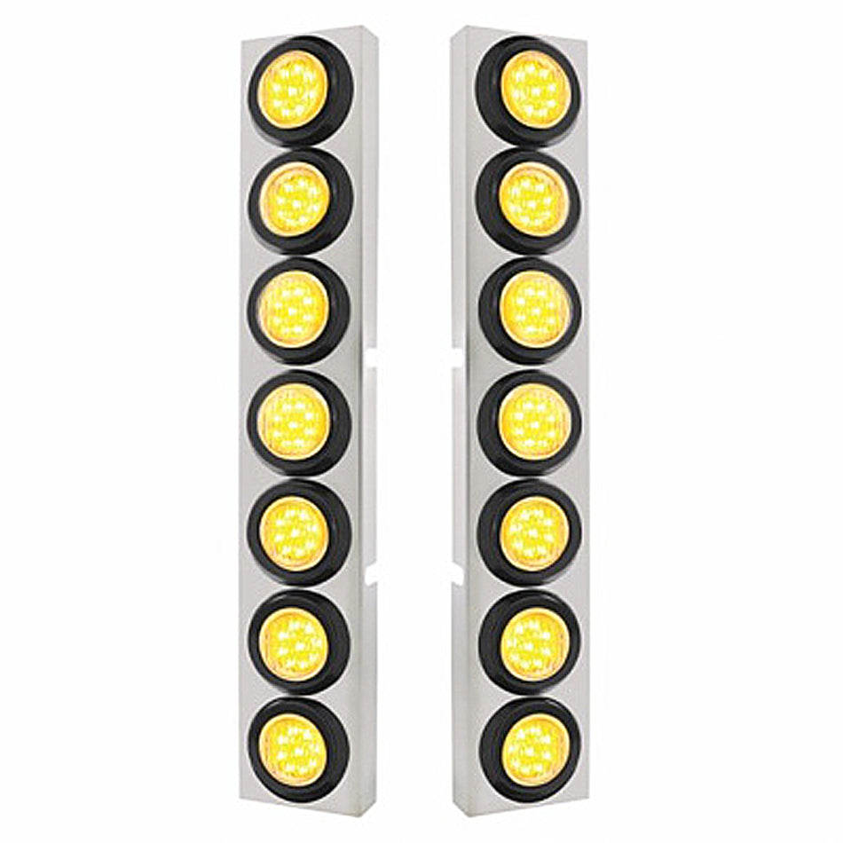 Stainless Steel Front Air Cleaner Bracket With 14 X 9 LED 2" Lights Bezel For Kenworth - Amber LEDs (Amber or Clear Lens)