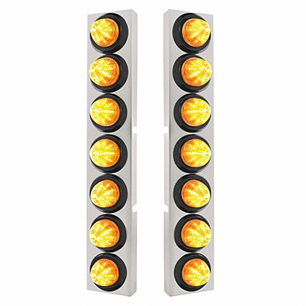 Stainless Steel Front Air Cleaner Bracket w/ 14 X 9 LED 2" Beehive Lights Bezel For Kenworth - Amber LEDs (Amber or Clear Lens)