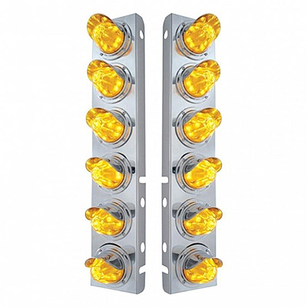 Stainless Steel Front Air Cleaner Bracket With 12 X 11 LED Watermelon Lights & Visors For Peterbilt - Amber LEDs (Amber or Clear Lens)