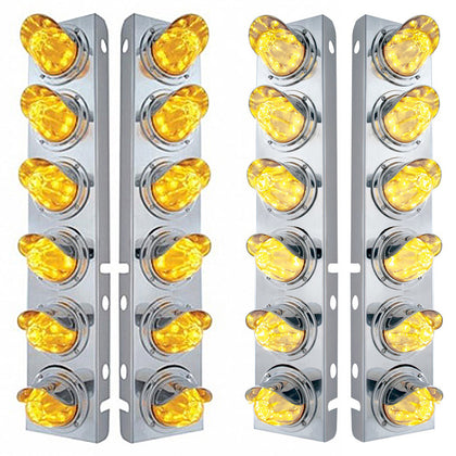 Stainless Steel Front Air Cleaner Bracket With 12 X 11 LED Watermelon Lights & Visors For Peterbilt - Amber LEDs (Amber or Clear Lens)