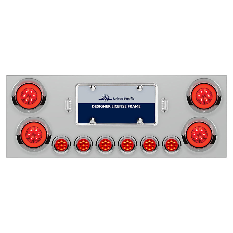 Stainless Steel Rear Center Panel With 4 X 21 LED 4" GloLight w/ 6 X 9 LED 2" Lights & Visors - Red LEDs (Red or Clear Lens)