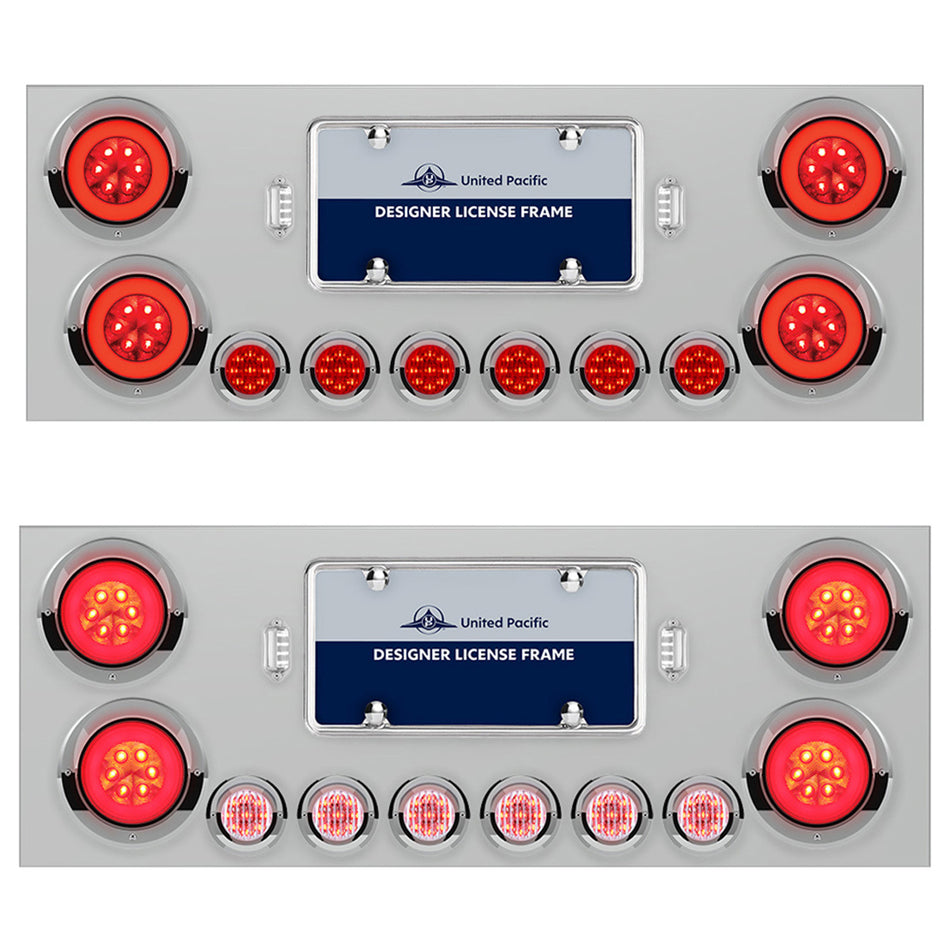 Stainless Steel Rear Center Panel With 4 X 21 LED 4" GloLight w/ 6 X 9 LED 2" Lights & Visors - Red LEDs (Red or Clear Lens)