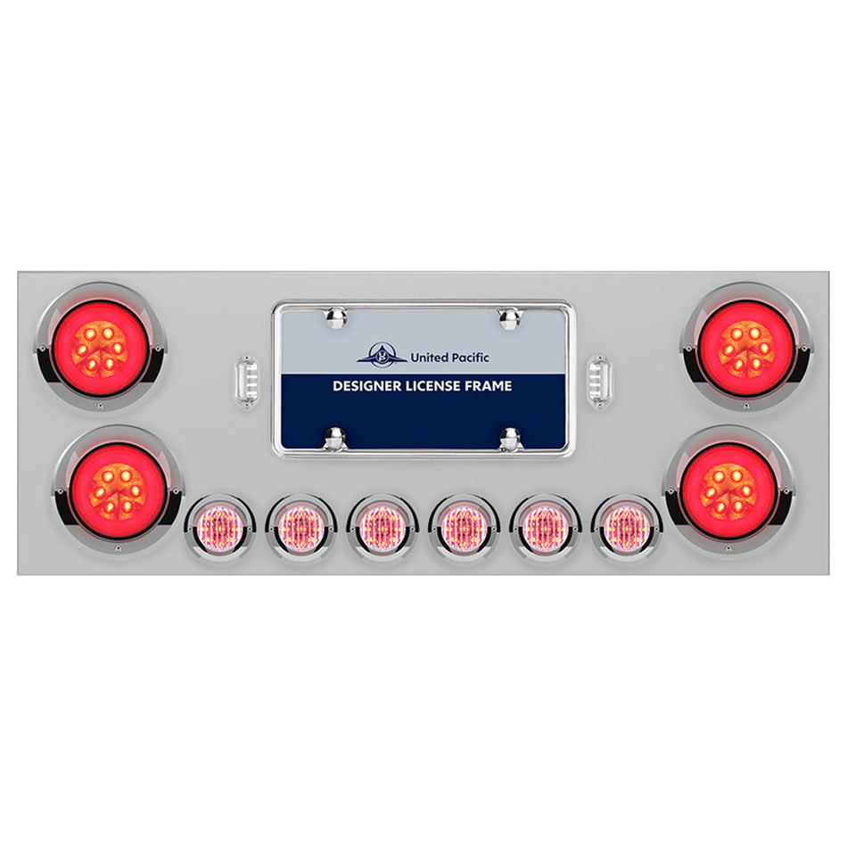 Stainless Steel Rear Center Panel With 4 X 21 LED 4" GloLight w/ 6 X 9 LED 2" Lights & Visors - Red LEDs (Red or Clear Lens)