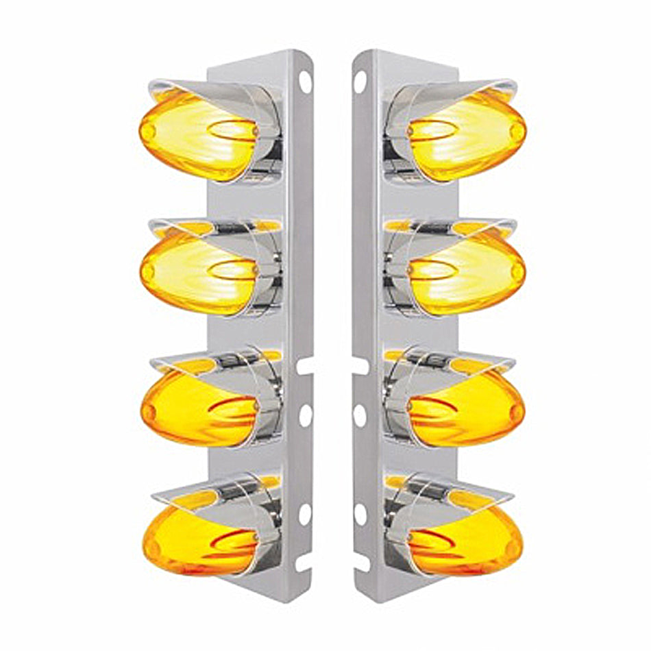 Stainless Steel Front Air Cleaner Bracket With 8 X 9 Hi/Lo Watermelon GloLight & Visors For Peterbilt - Amber LEDs (Amber or Clear Lens)