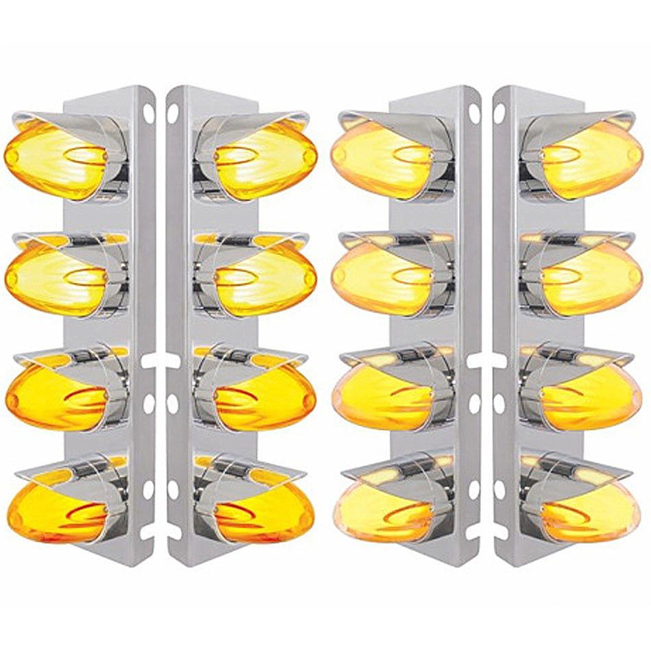 Stainless Steel Front Air Cleaner Bracket With 8 X 9 Hi/Lo Watermelon GloLight & Visors For Peterbilt - Amber LEDs (Amber or Clear Lens)