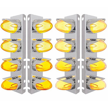 Stainless Steel Front Air Cleaner Bracket With 8 X 9 Hi/Lo Watermelon GloLight & Visors For Peterbilt - Amber LEDs (Amber or Clear Lens)