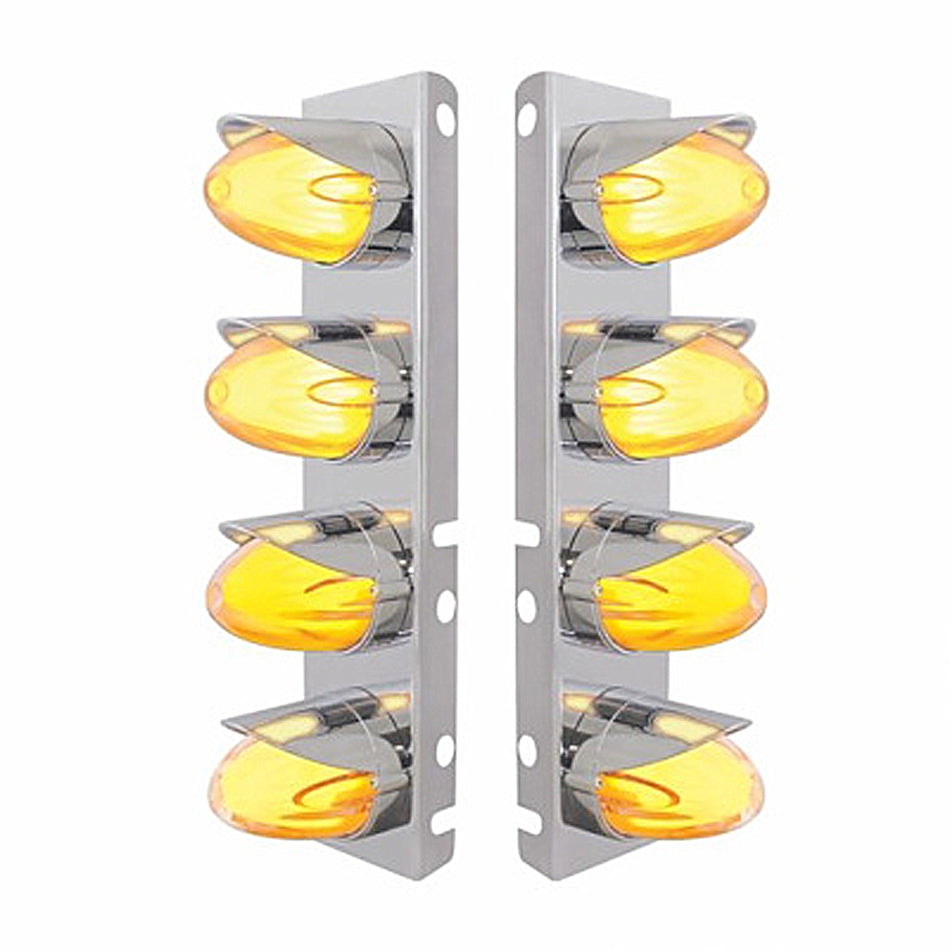 Stainless Steel Front Air Cleaner Bracket With 8 X 9 Hi/Lo Watermelon GloLight & Visors For Peterbilt - Amber LEDs (Amber or Clear Lens)