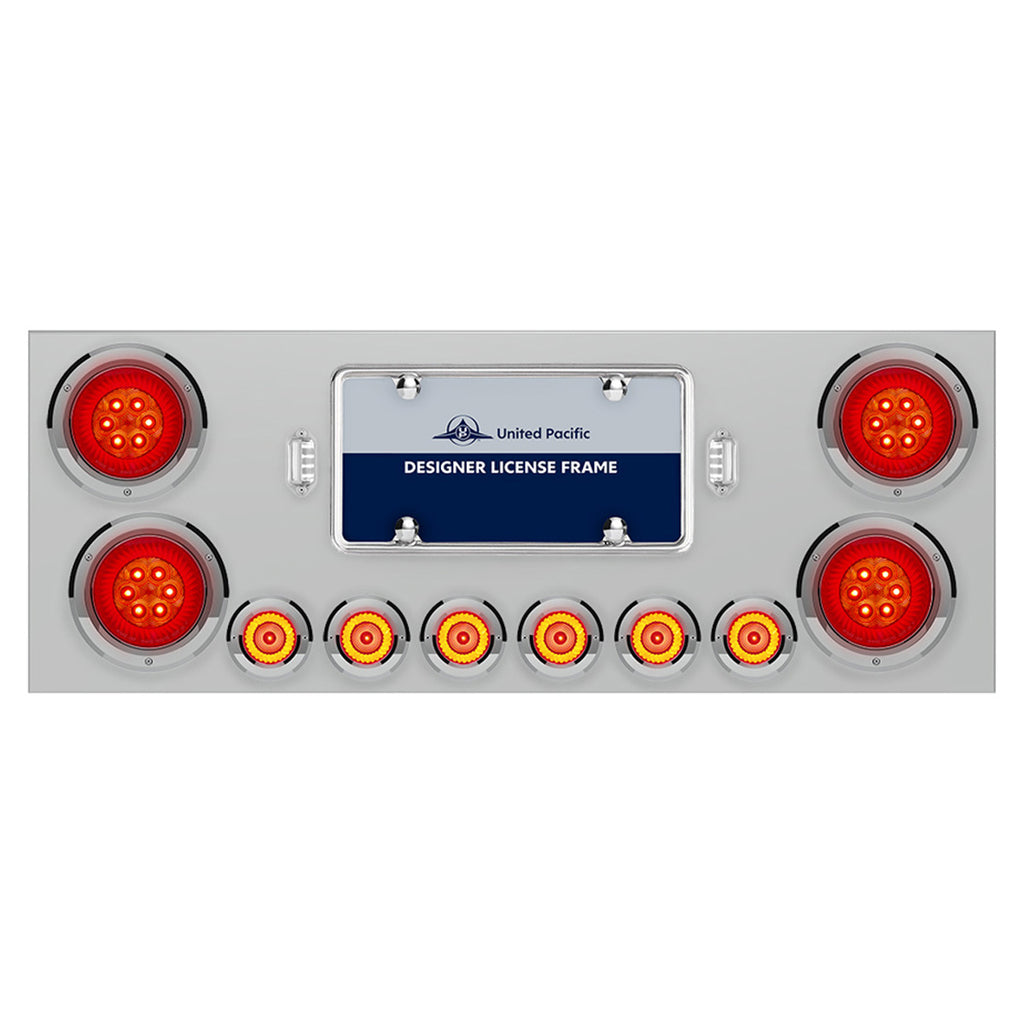Stainless Steel Rear Center Panel w/ 4 X 16 LED 4" Turbine Light & 6 X 7 LED 2" Lights & Bezels or Visors - Red LEDs (Red Lens)