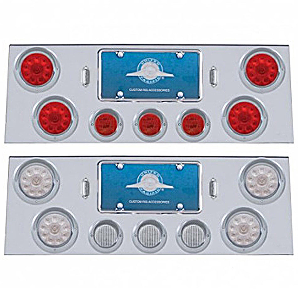 Stainless Steel Rear Center Panel With 4 X 10 LED 4" Lights & 3 X 13 LED 2-1/2" Lights & Visors - Red LEDs (Red  or Clear Lens)