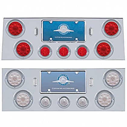 Stainless Steel Rear Center Panel w/ 4 X 10 LED 4" Light & 3 X 13 LED 2-1/2" Beehive Light+Visor - Red LEDs (Red or Clear Lens)
