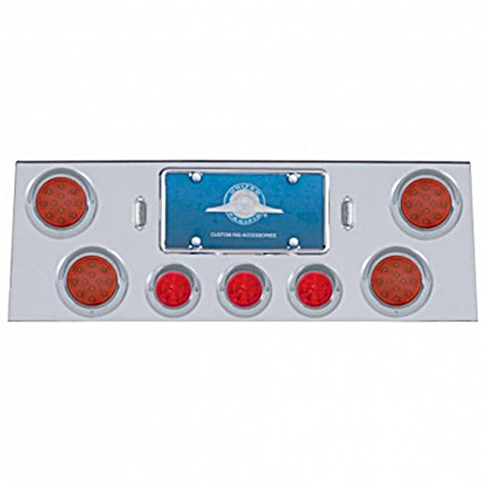 Stainless Steel Rear Center Panel +4 X LED 4" Refl. Light & 3X LED 2-1/2" Beehive Light & Visor - Red LEDs (Red or Clear Lens)