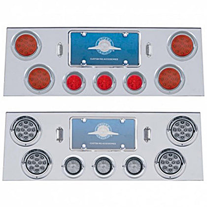 Stainless Steel Rear Center Panel +4 X LED 4" Refl. Light & 3X LED 2-1/2" Beehive Light & Visor - Red LEDs (Red or Clear Lens)