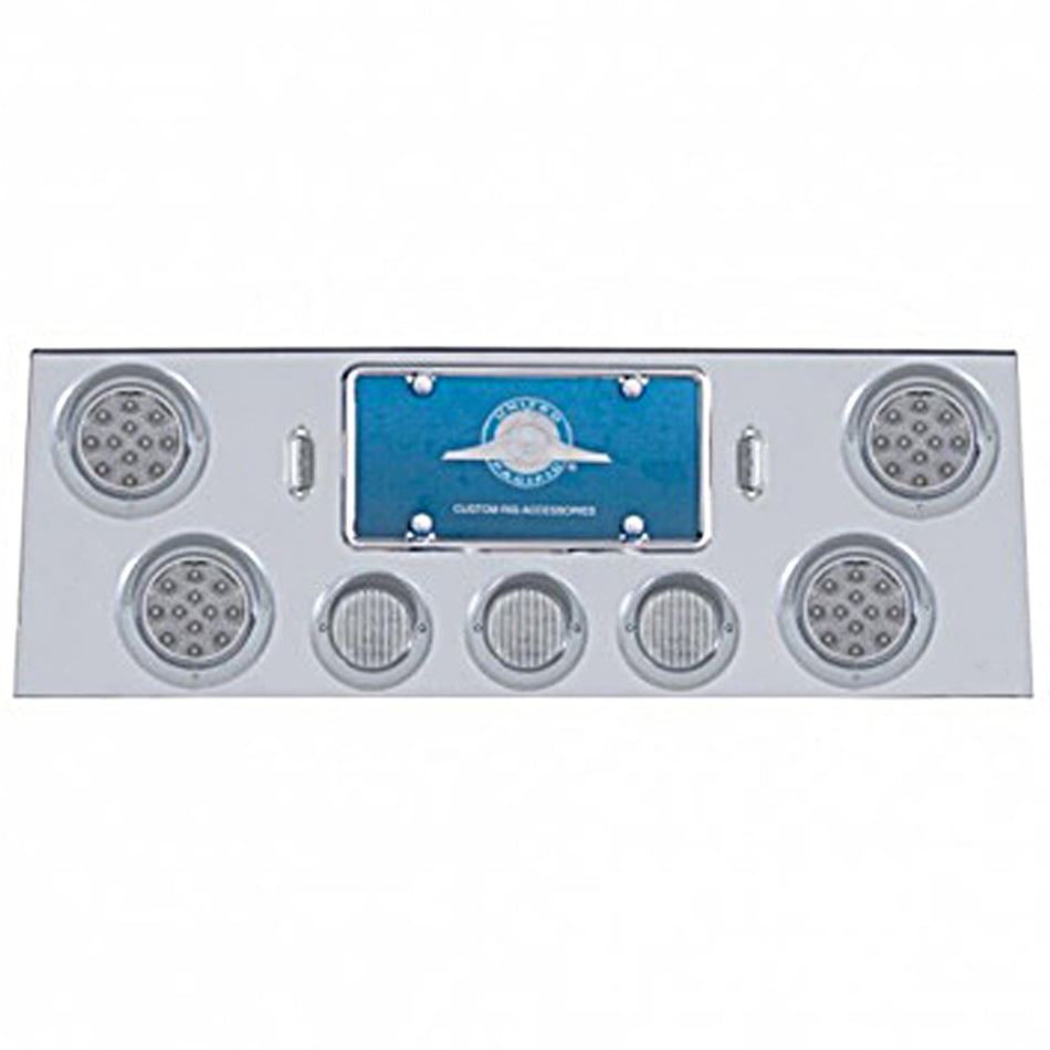 Stainless Steel Rear Center Panel w/ 4 X 12 LED 4" Reflector Light & 3 X 13 LED 2-1/2" Light & Visor - Red LEDs (Red or Clear Lens)
