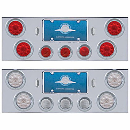 Chrome Rear Center Panel With 4 X 10 LED 4" Lights & 3 X 13 LED 2-1/2" Lights & Visors - Red LEDS (Red or Clear Lens)