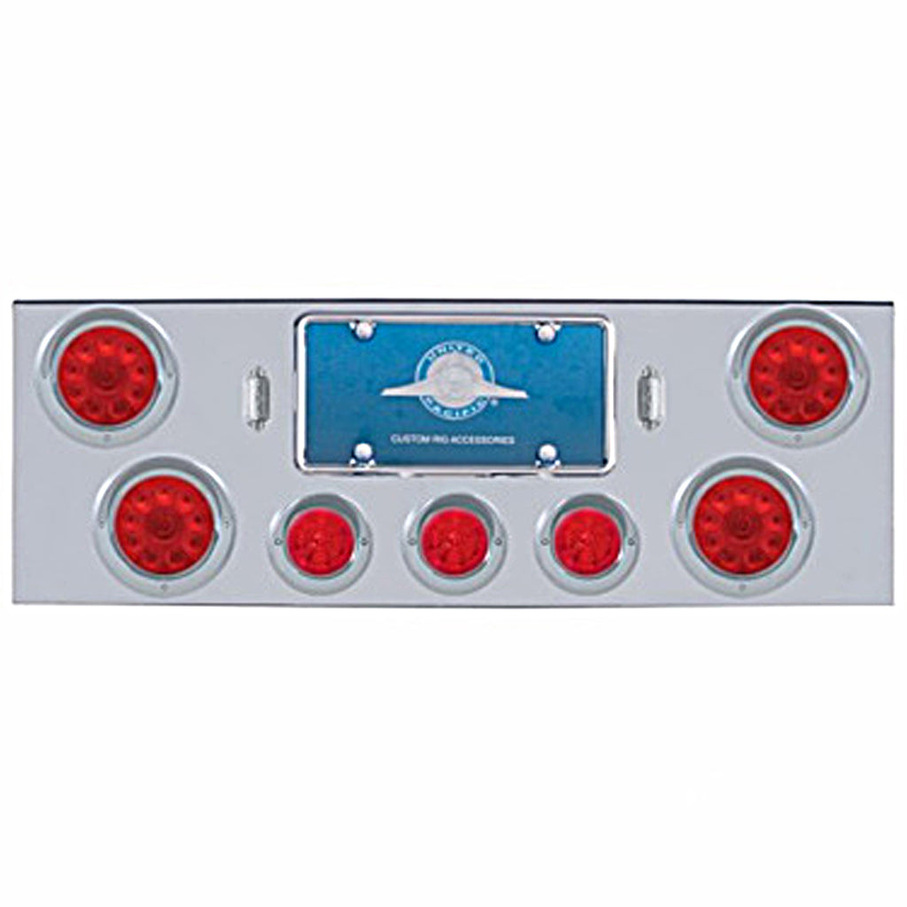 Chrome Rear Center Panel w/ 4 X 10 LED 4" Lights & 3 X 13 LED 2-1/2" Beehive Lights & Visors - Red LEDs (Red or Clear Lens)