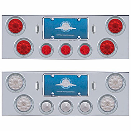 Chrome Rear Center Panel w/ 4 X 10 LED 4" Lights & 3 X 13 LED 2-1/2" Beehive Lights & Visors - Red LEDs (Red or Clear Lens)