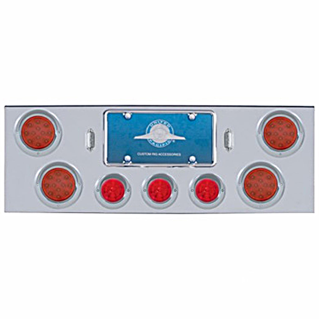 Chrome Rear Center Panel +4 X LED 4" Refl. Lights & 3 X LED 2-1/2" Beehive Lights & Visors - Red LEDs (Red or Clear Lens)
