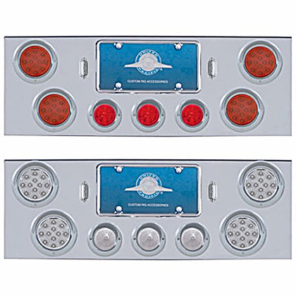 Chrome Rear Center Panel +4 X LED 4" Refl. Lights & 3 X LED 2-1/2" Beehive Lights & Visors - Red LEDs (Red or Clear Lens)