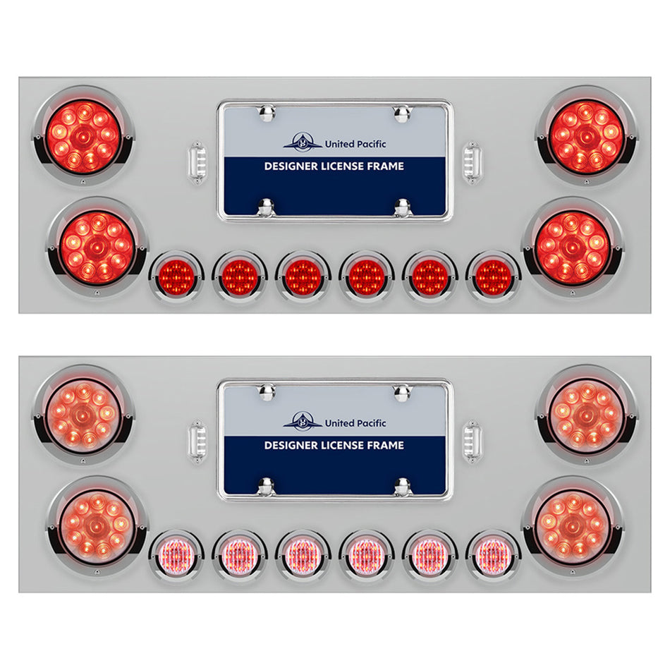 Stainless Steel Rear Center Panel w/ 4 X 10 LED 4" Lights & 6 X 9 LED 2" Lights & Visors - Red LEDs (Red or Clear Lens)