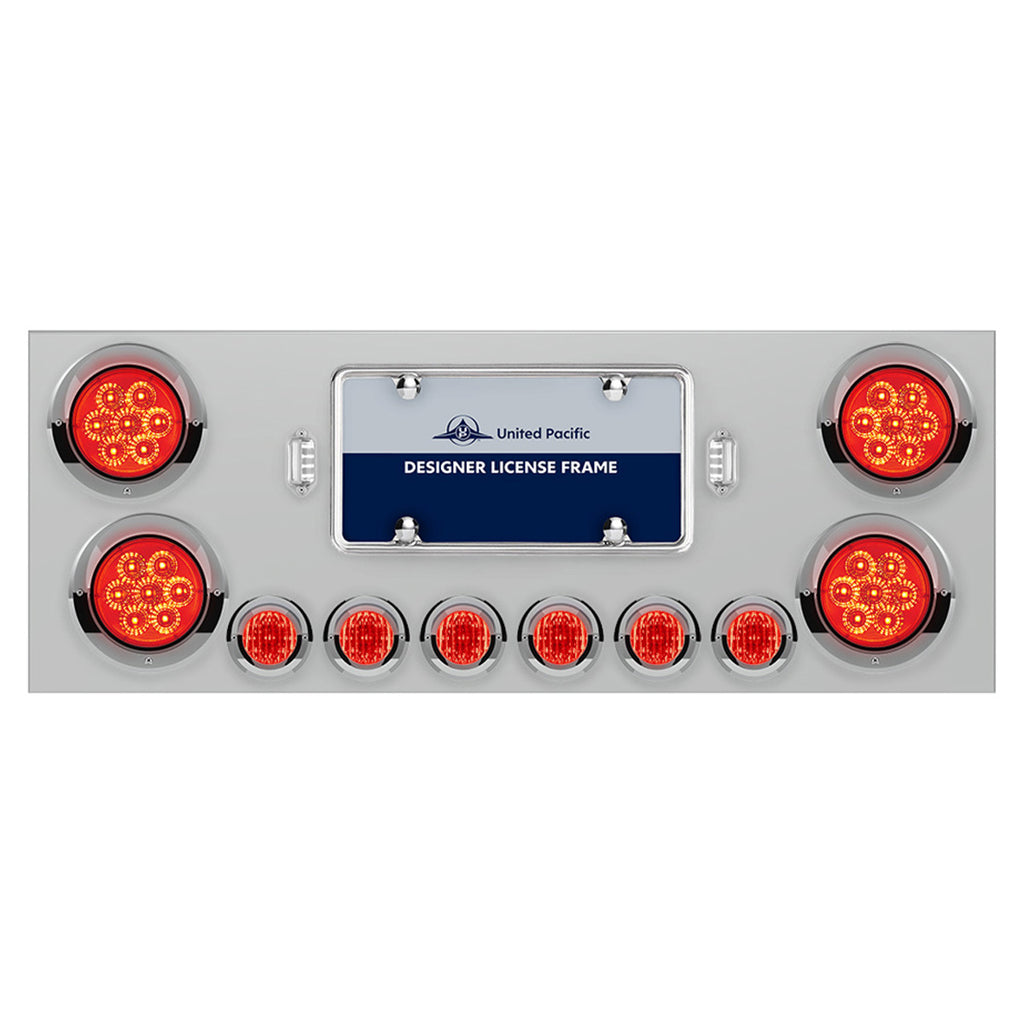 Stainless Steel Rear Center Panel w/ 4 X 7 LED 4" Reflector Lights & 6 X 9 LED 2" Lights & Visors - Red LEDs (Red or Clear Lens)