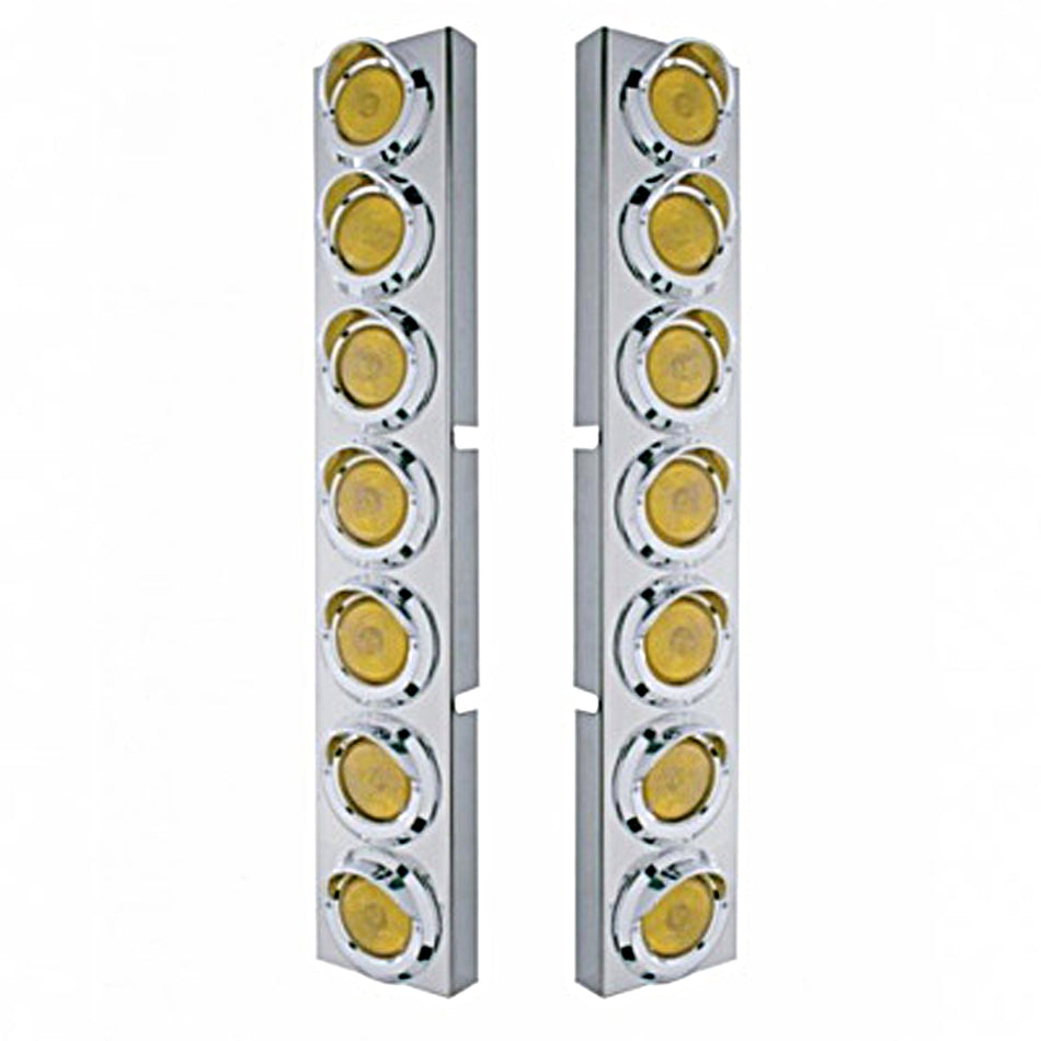 Kenworth Stainless Front Air Cleaner Bracket w/ 14 X 2" Flat Lights & Visors - Amber LEDs (Amber Lens)