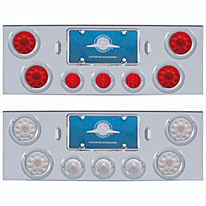 Chrome Rear Center Panel w/ 4 X 10 LED 4" Lights & 3 X 13 LED 2-1/2" Beehive Lights & Bezels - Red LEDs (Red or Clear Lens)