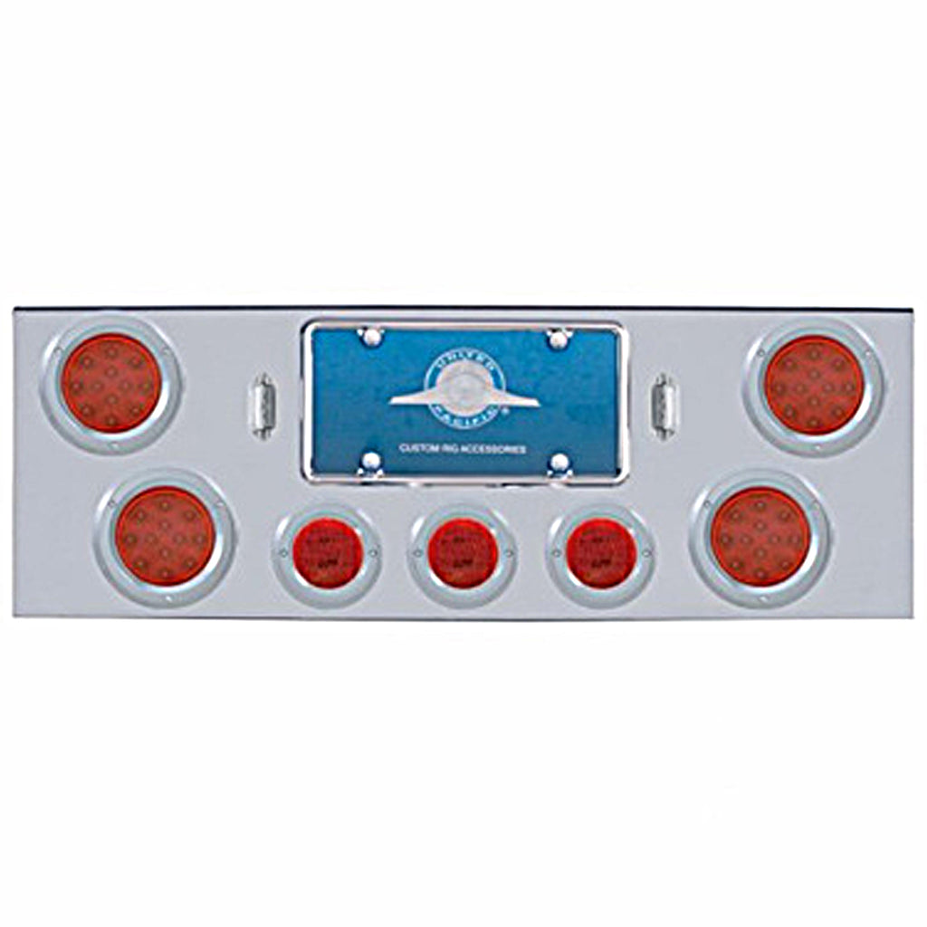 Chrome Rear Center Panel w/ 4 X 12 LED 4" Reflector Lights & 3 X 13 LED 2-1/2" Lights & Visors - Red LEDs (Red or Clear Lens)