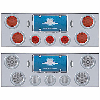 Chrome Rear Center Panel w/ 4 X 12 LED 4" Reflector Lights & 3 X 13 LED 2-1/2" Lights & Visors - Red LEDs (Red or Clear Lens)