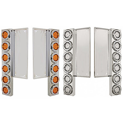 Freightliner Stainless Steel Front Air Cleaner Bracket w/ 12 X 9 LED 2" Reflector Lights & Bezels - Amber LEDs (Amber or Clear Lens)