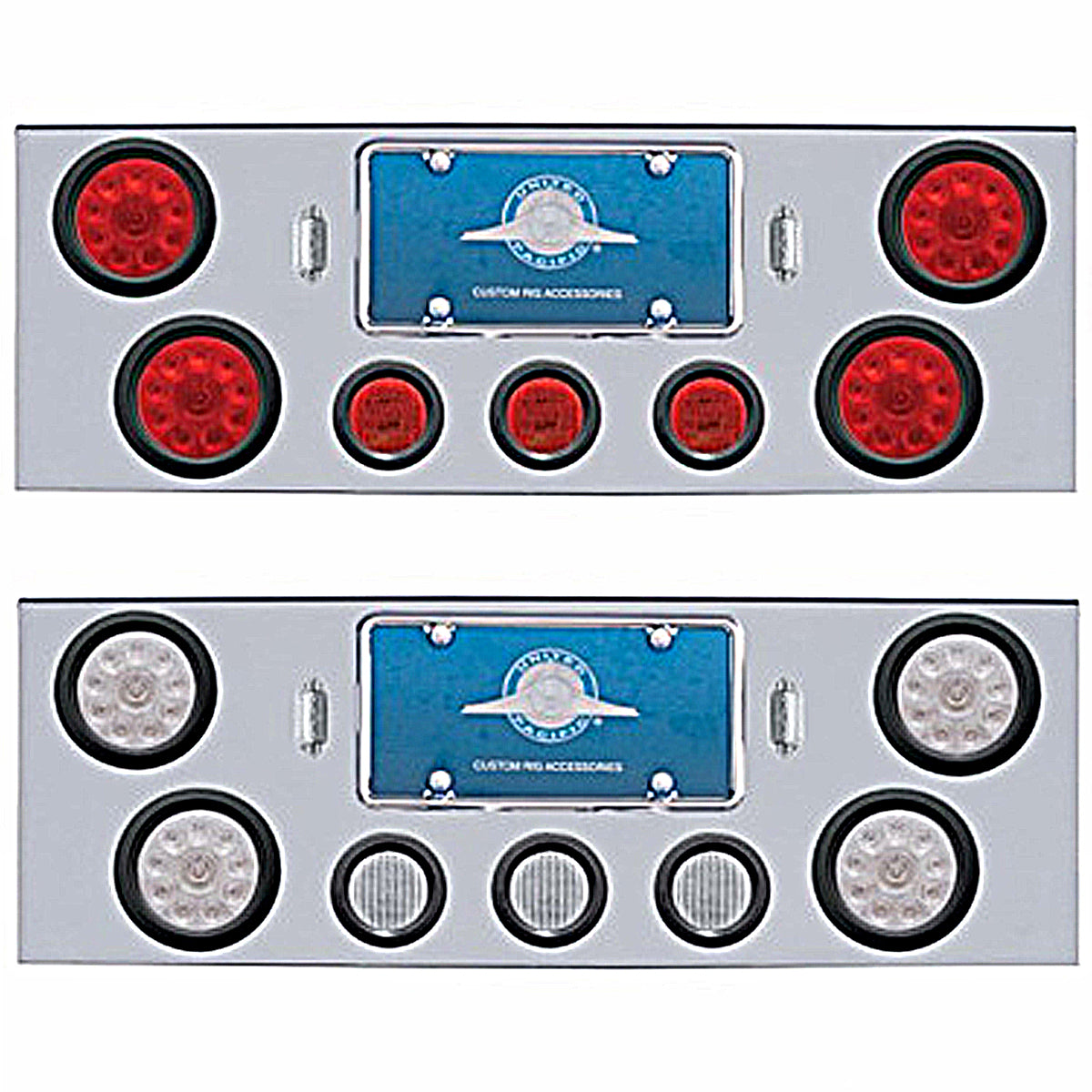 Chrome Rear Center Panel w/ 4 X 10 LED 4" Lights & 3 X 13 LED 2-1/2" Lights - Red LEDs (Red or Clear Lens) - Berube's Truck Accessories