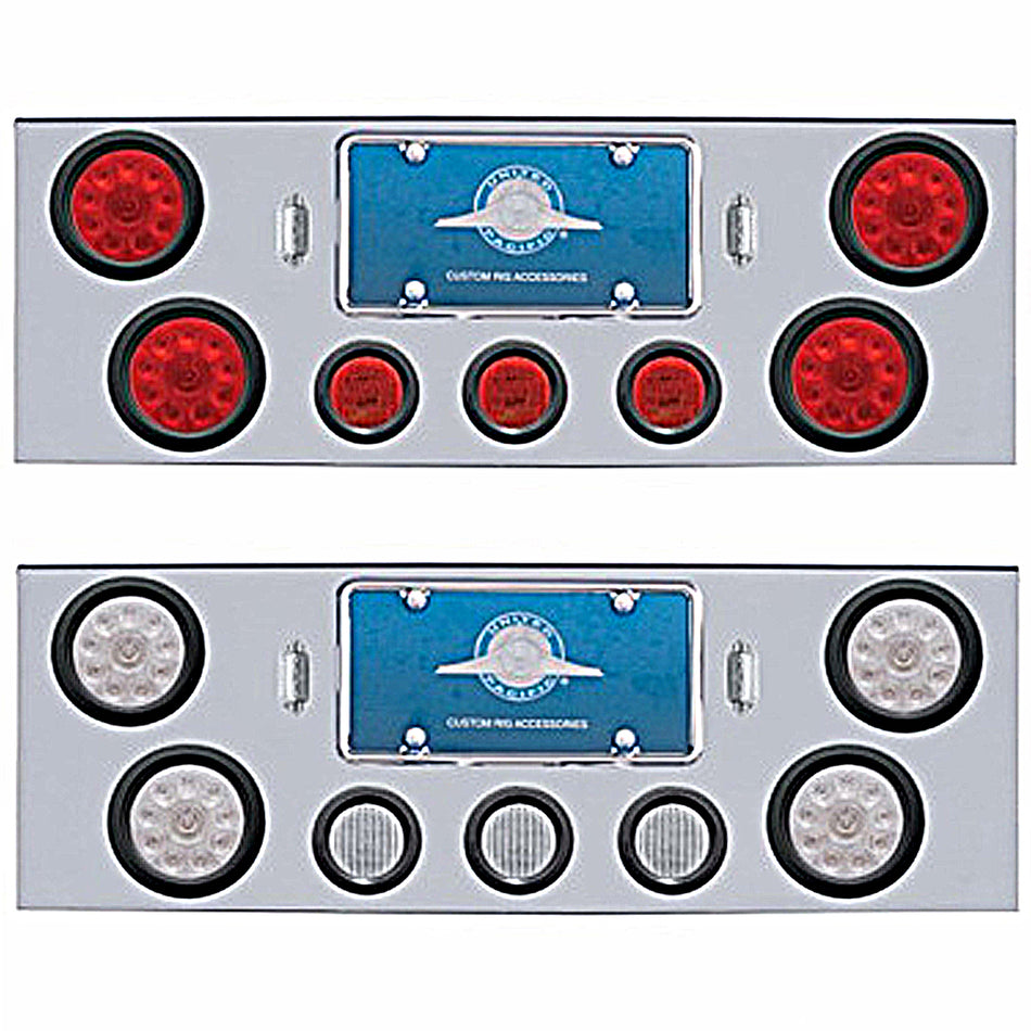 Chrome Rear Center Panel w/ 4 X 10 LED 4" Lights & 3 X 13 LED 2-1/2" Lights - Red LEDs (Red or Clear Lens) - Berube's Truck Accessories