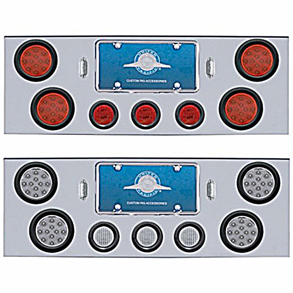 Chrome Rear Center Panel w/ 4 X 12 LED 4" Reflector Lights & 3 X 13 LED 2-1/2" Light & Visors - Red LEDs (Red or Clear Lens)
