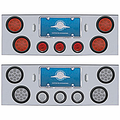 Chrome Rear Center Panel w/ 4 X 12 LED 4" Reflector Lights & 3 X 13 LED 2-1/2" Light & Visors - Red LEDs (Red or Clear Lens)