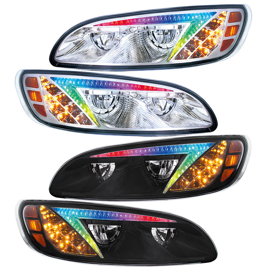 Chrome or Black LED Headlight With Color Changing Position Light Bar For Peterbilt 386 (2005-2015) & 387 (199-2010) (Driver or Passenger Side)