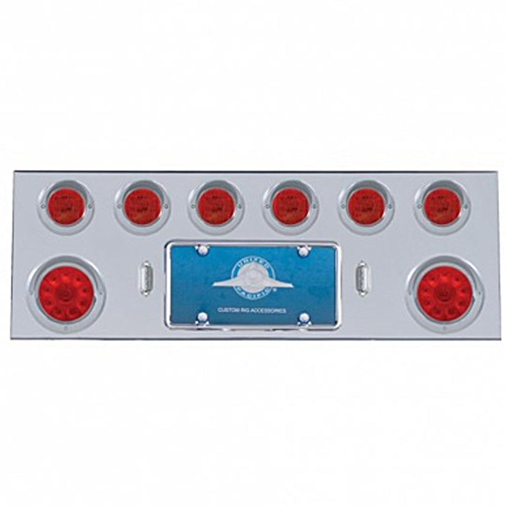 Stainless Steel Rear Center Panel w/ 2 X 10 LED 4" Lights & 6 X 13 LED 2-1/2" Lights & Visor - Red LEDs (Red or Clear Lens)