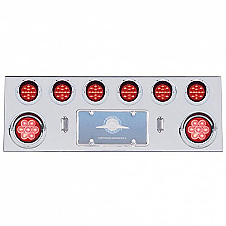 Stainless Steel Rear Center Panel w/ 2 X 7 LED 4" Reflector Light & 6 X 13 LED 2-1/2" Light & Visor - Red LEDs (Red or Clear Lens)