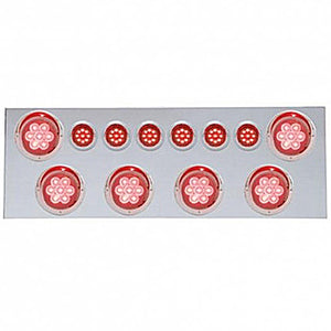 Stainless Steel Rear Center Panel w/ 6 X 7 LED 4" Reflector Lights & 6 X 9 LED 2" Lights & Visors - Red LEDs (Red or Clear Lens)