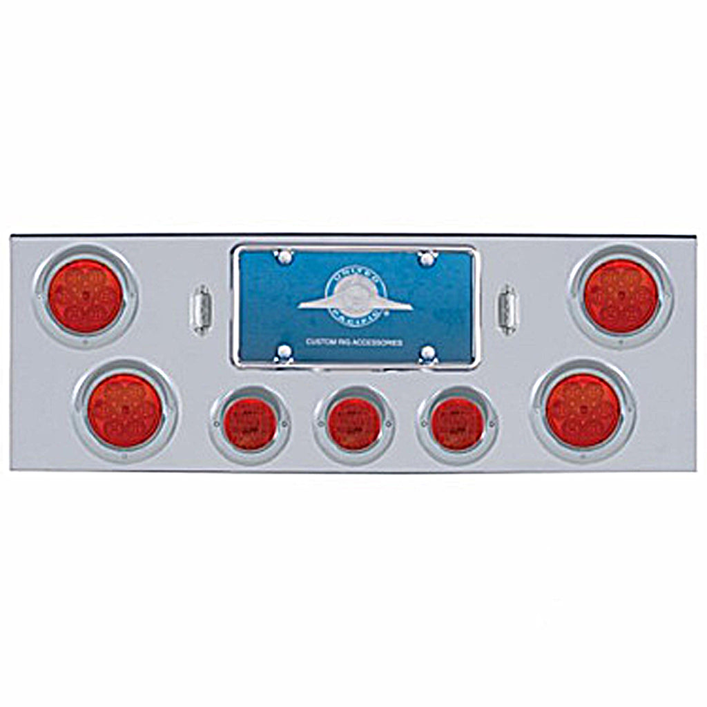 Chrome Rear Center Panel w 4 X 7 LED 4" Reflector Light & 3 X 13 LED 2-1/2" Light & Visor (Red LED - Red Lens)