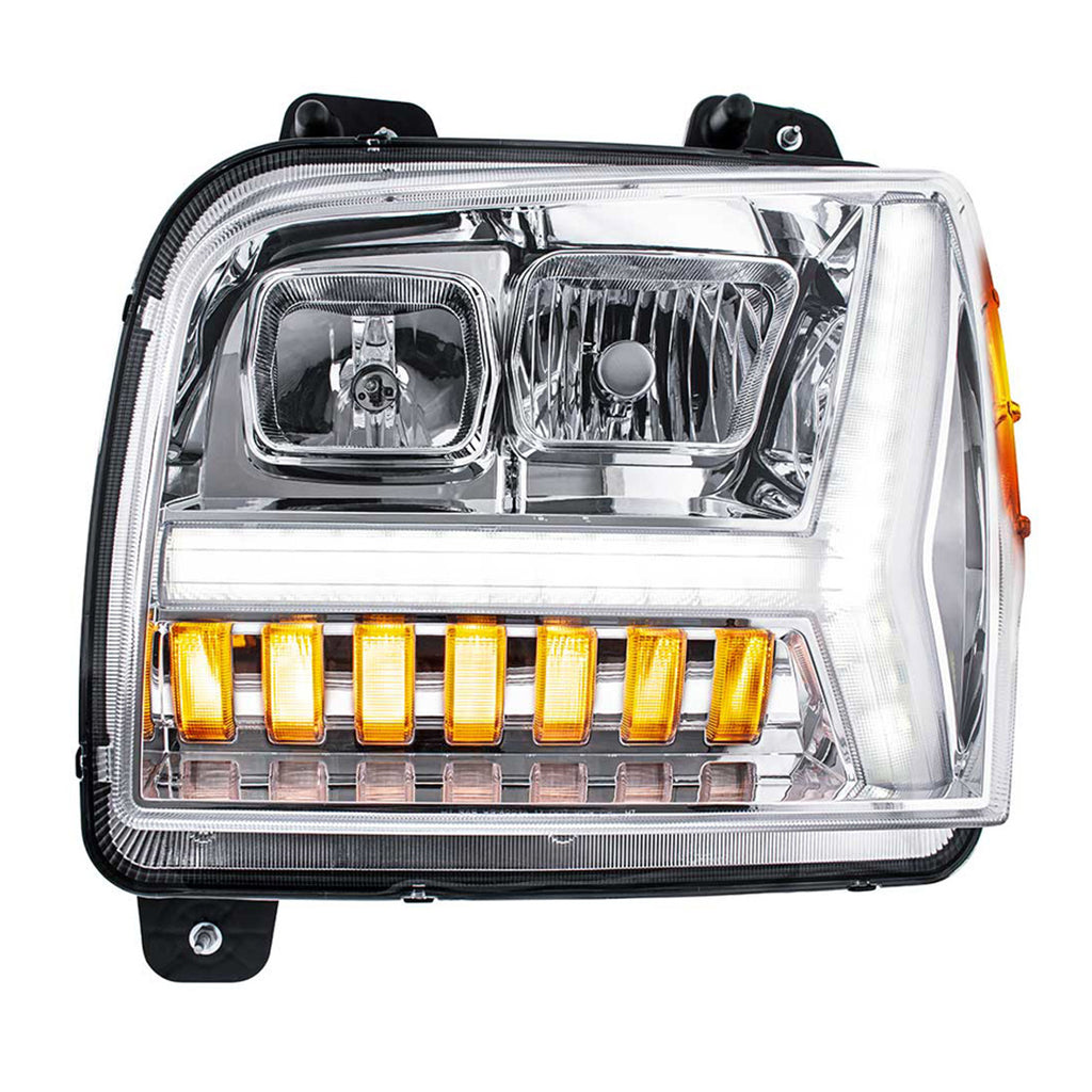 Chrome Headlight w/ LED DRL Light Bar & Turn Signal For 2018-2024 Kenworth W990 (Driver or Passenger Side)