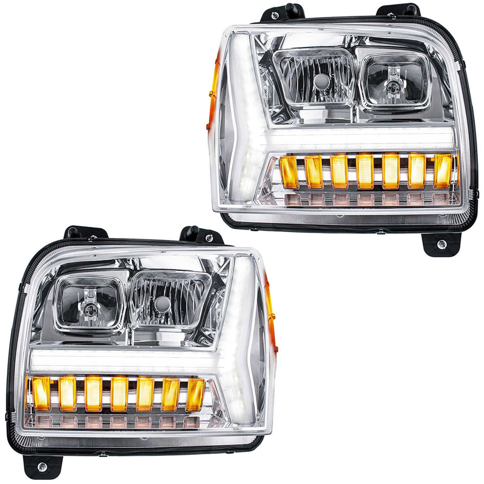 Chrome Headlight w/ LED DRL Light Bar & Turn Signal For 2018-2024 Kenworth W990 (Driver or Passenger Side)