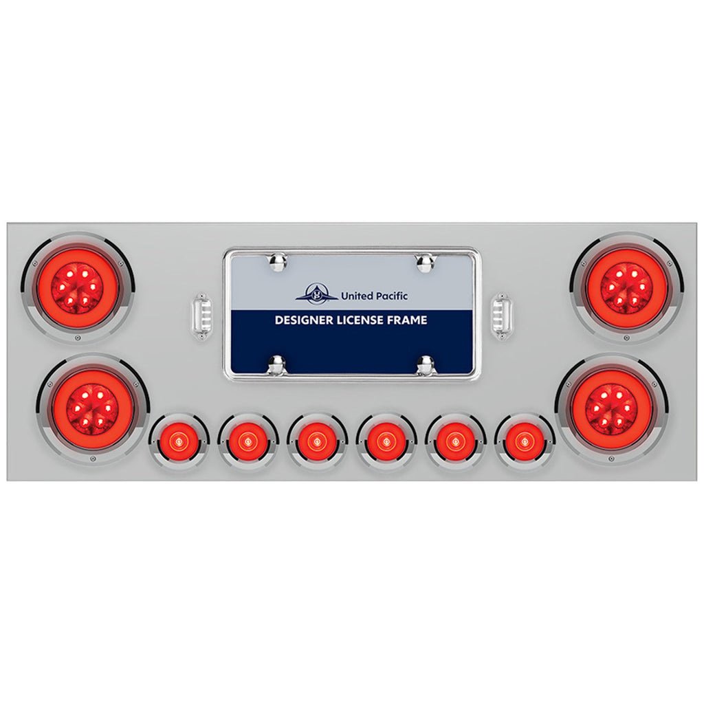 Stainless Steel Rear Center Panel w 4 X 21 LED 4" GloLight & 6 X 6 LED 2" GloLight & Bezels (Red LEDs - Red Lens)