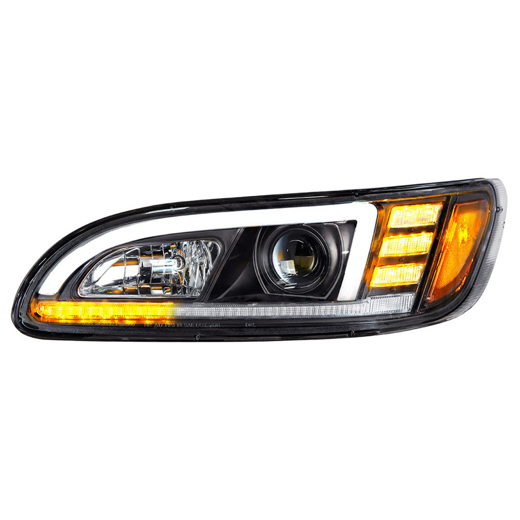 Black Projection Headlight w/ LED Sequential Turn & DRL For 2005-2015 Peterbilt 386 (Driver or Passenger Side)