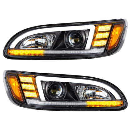 Black Projection Headlight w/ LED Sequential Turn & DRL For 2005-2015 Peterbilt 386 (Driver or Passenger Side)
