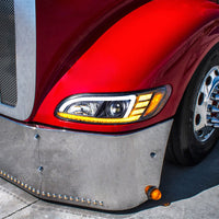 Black Projection Headlight w/ LED Sequential Turn & DRL For 2005-2015 Peterbilt 386 (Driver or Passenger Side)