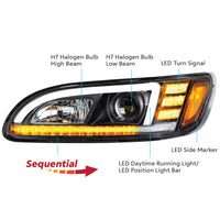 Black Projection Headlight w/ LED Sequential Turn & DRL For 2005-2015 Peterbilt 386 (Driver or Passenger Side)